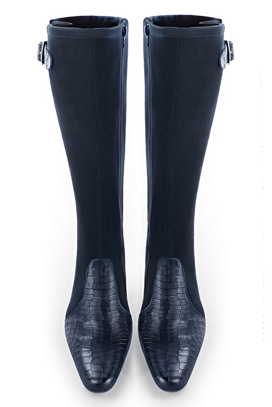 Navy blue women's knee-high boots with buckles. Round toe. Low flare heels. Made to measure. Top view - Florence KOOIJMAN